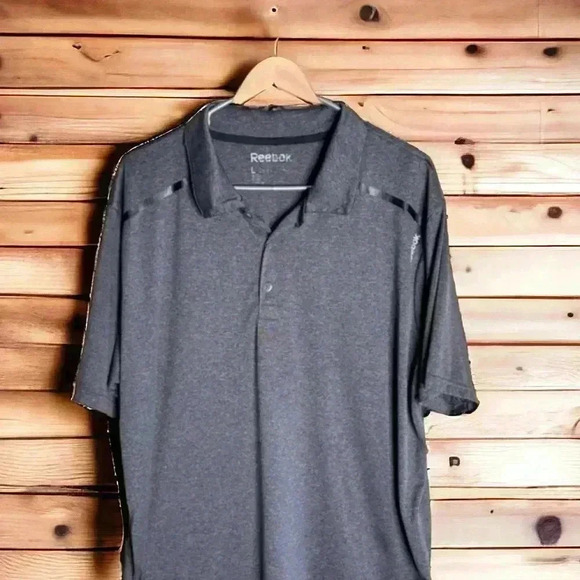 Reebok Golf Polo Mens Large Play Dry Shirt 3 Button Spellout Gray Lightweight - Picture 1 of 4